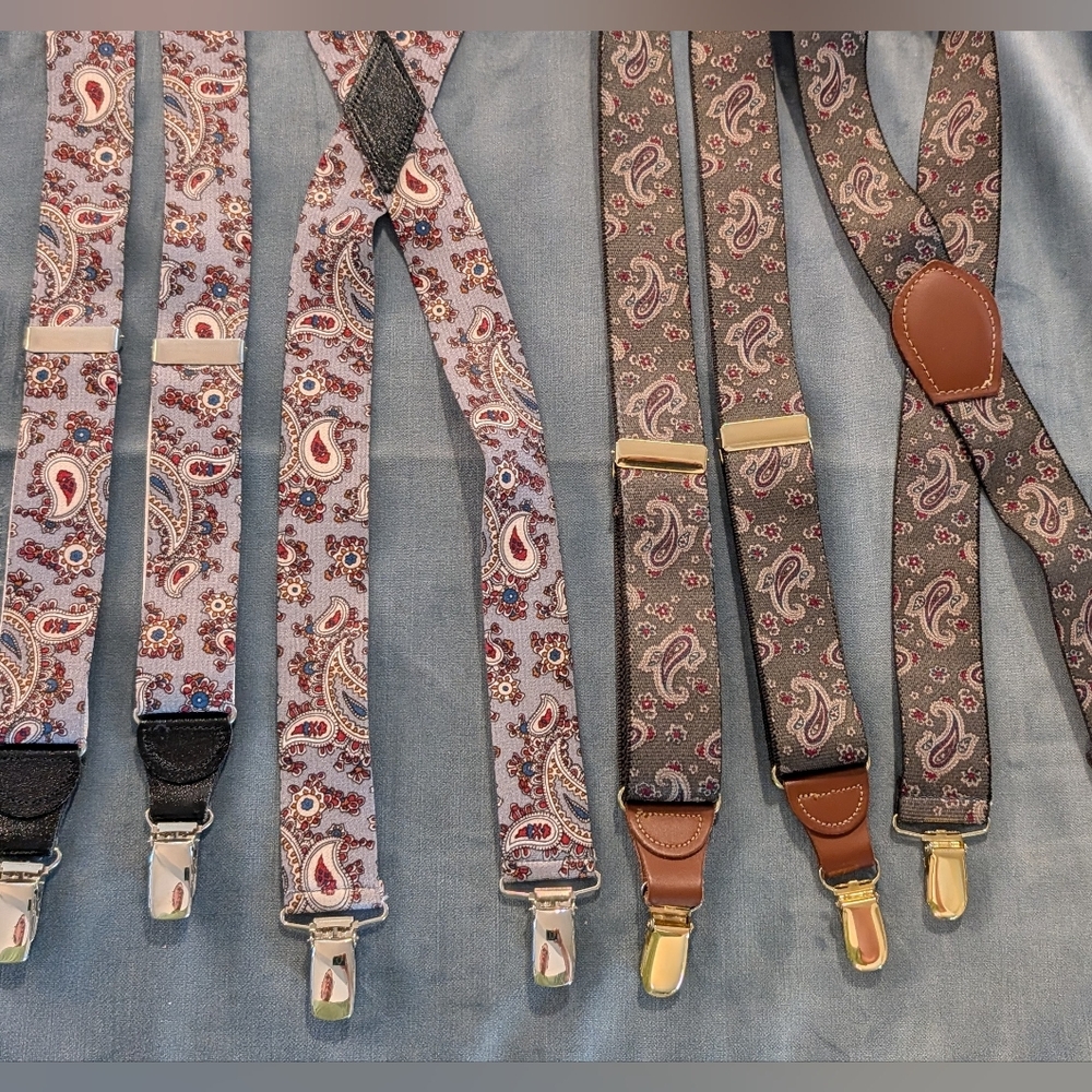 Suspenders Men's Paisley Set Of Two 1 Gray & 1 Olive Green Adjustable Great Cond